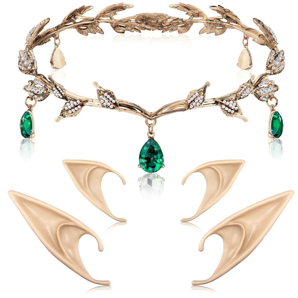 2517 Elf Ears With Crown Set, Fairy Crown Rhinestone Leaf Tiara
